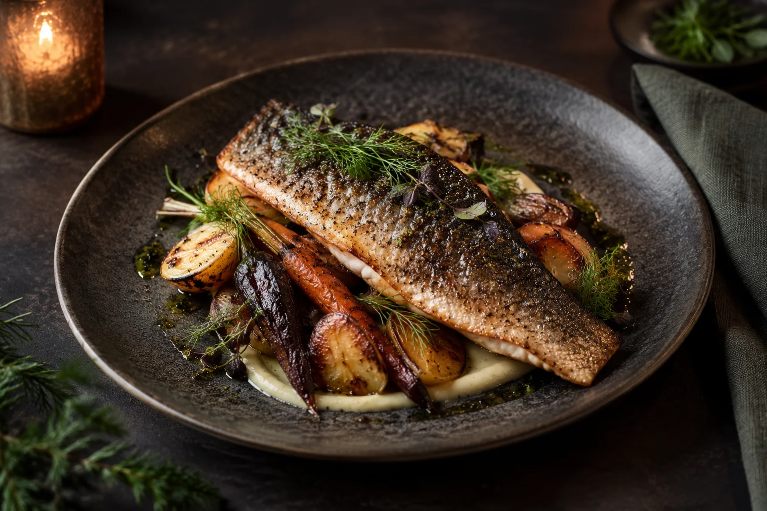 Wood-fired trout with seasonal vegetables on dark stoneware