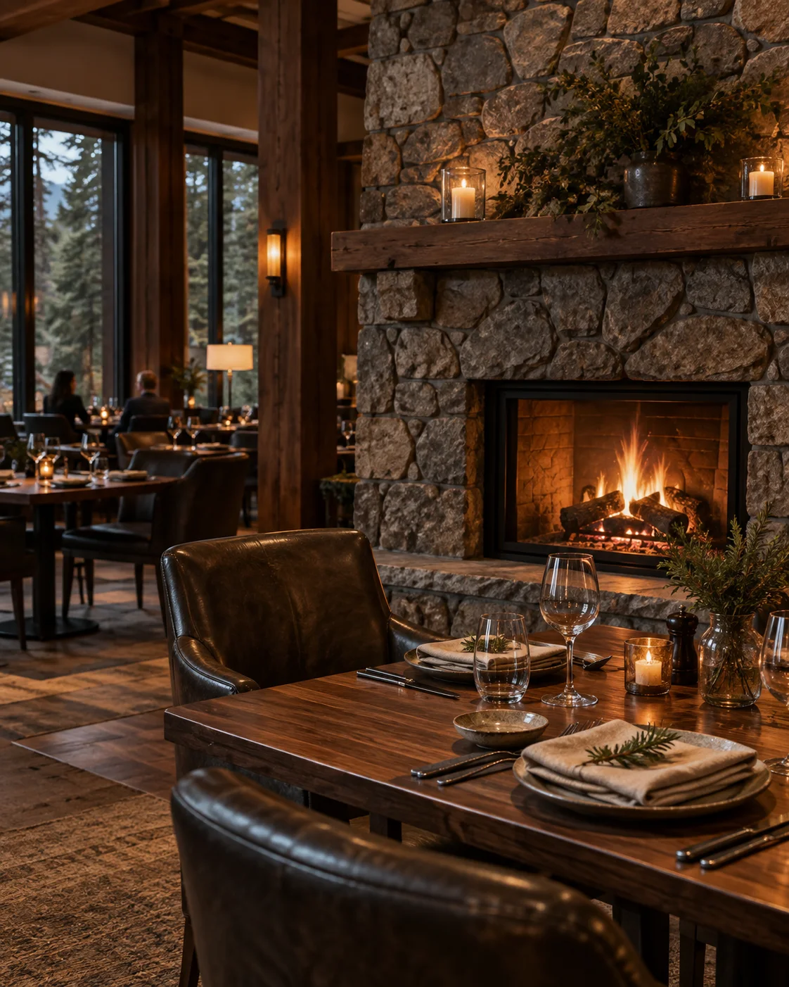 Warm modern dining room with a fieldstone hearth